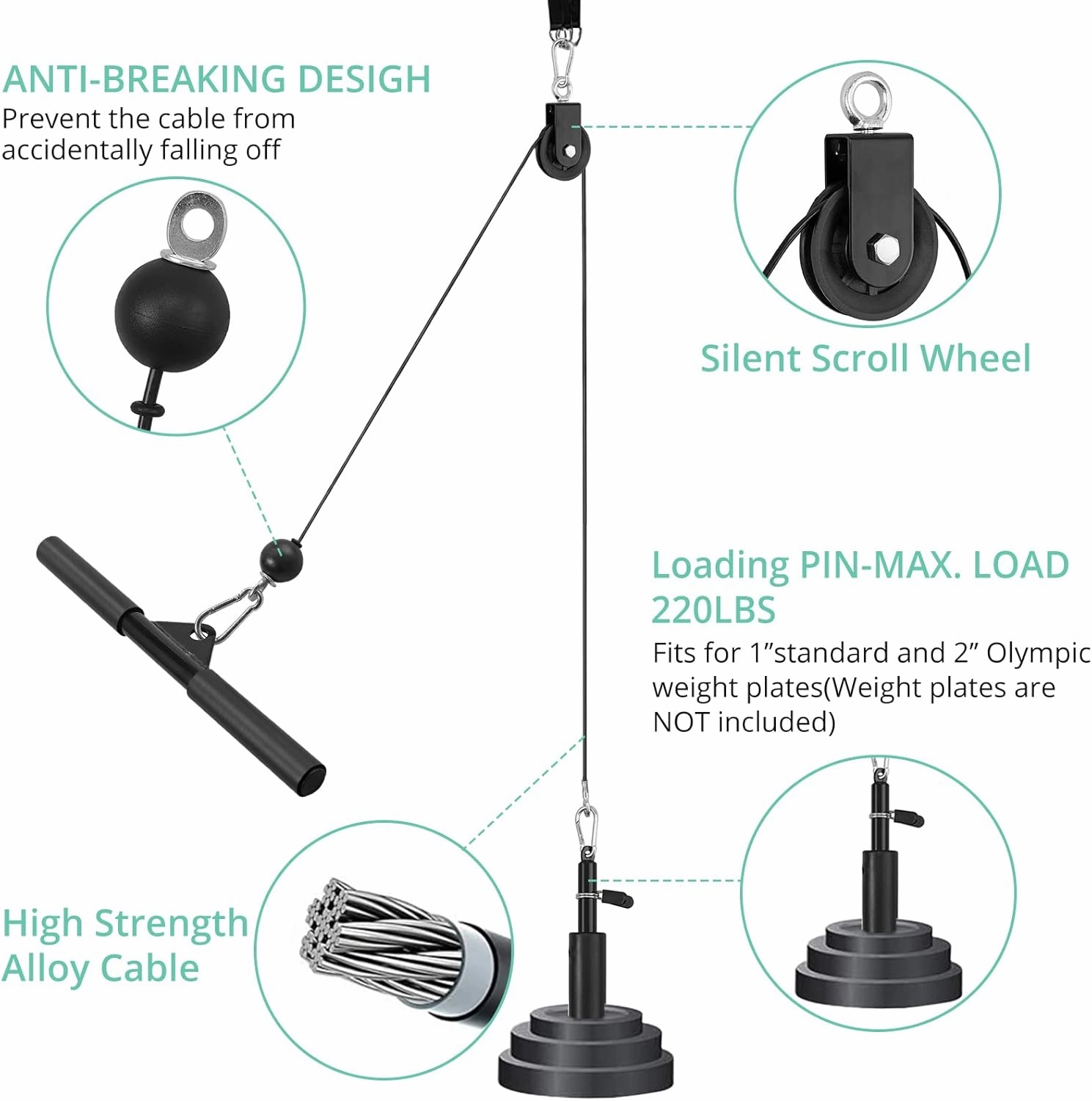 VINTEAM Pulley System, Pulley Cable Machine DIY Workout Accessories with Tricep Rope, LAT Pull Down Bar, Gym Cable for Triceps Extensions, Biceps Curl, Forearm