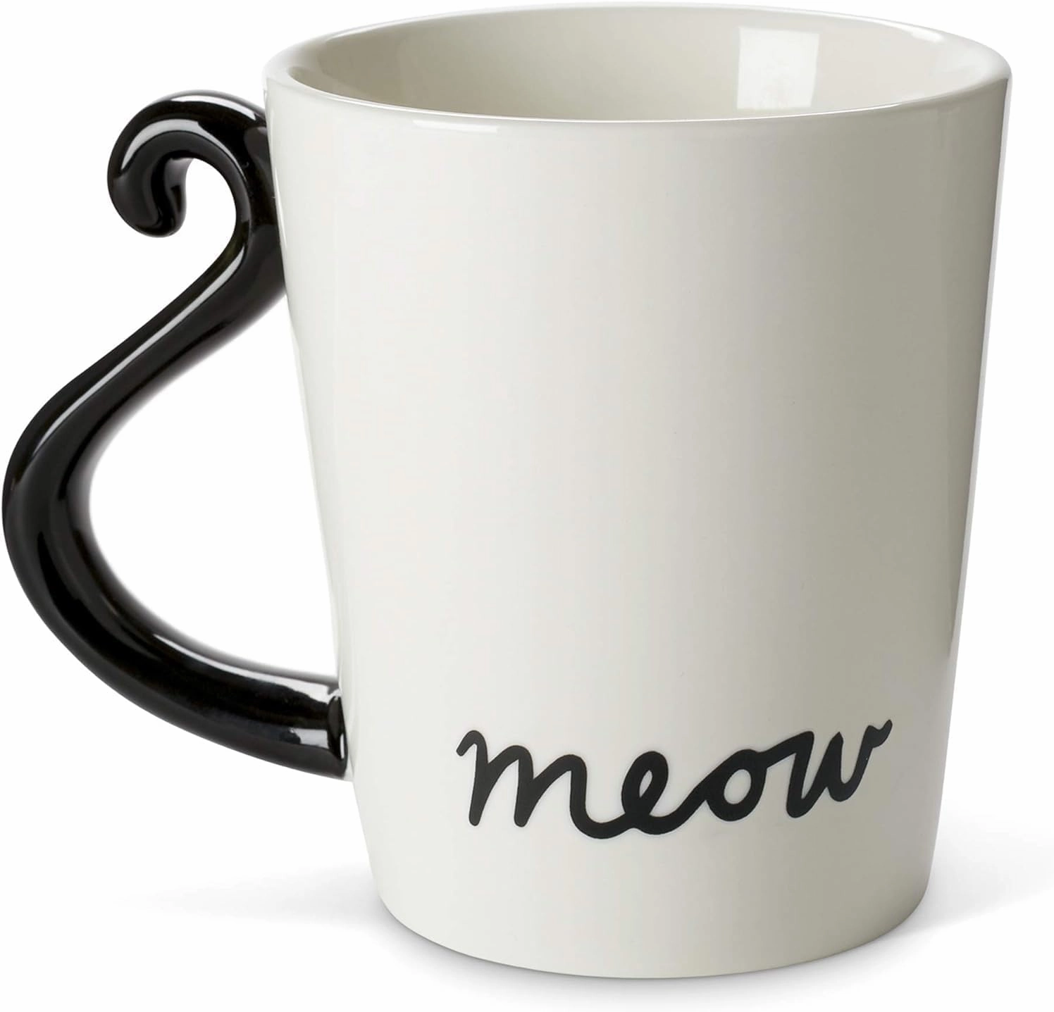 VOTUM White Ceramic Tea Mug: Animal Shaped with Hand Printed Designs and Sayings - 12 Fluid Ounce Large, Cute Handmade Cup (Cat Coffee Cup Ceramic) Black Cat Gifts