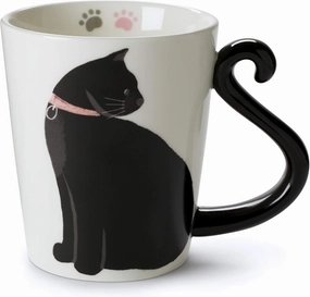 VOTUM White Ceramic Tea Mug: Animal Shaped with Hand Printed Designs and Sayings - 12 Fluid Ounce Large, Cute Handmade Cup (Cat Coffee Cup Ceramic) Black Cat Gifts