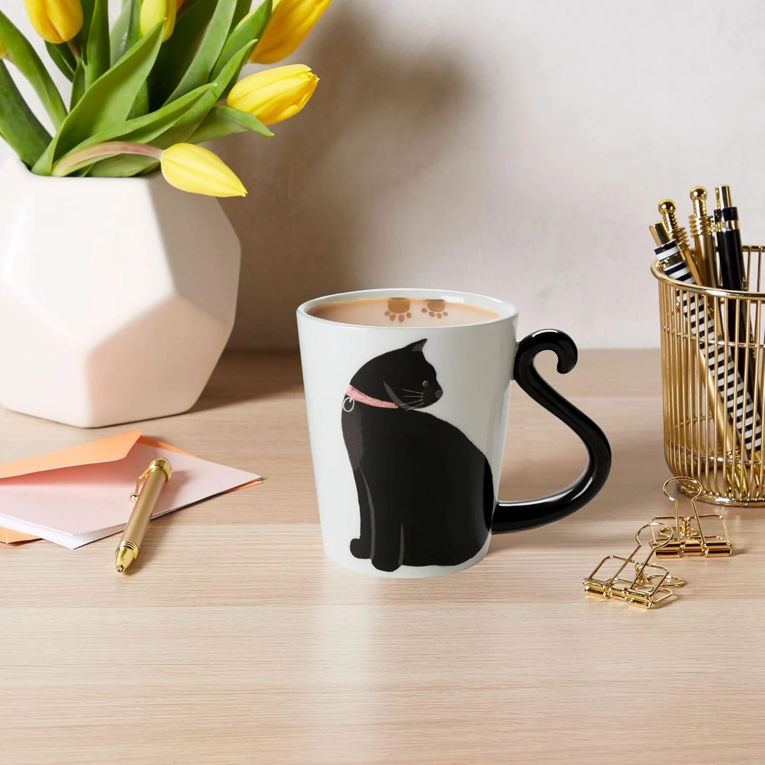 VOTUM White Ceramic Tea Mug: Animal Shaped with Hand Printed Designs and Sayings - 12 Fluid Ounce Large, Cute Handmade Cup (Cat Coffee Cup Ceramic) Black Cat Gifts