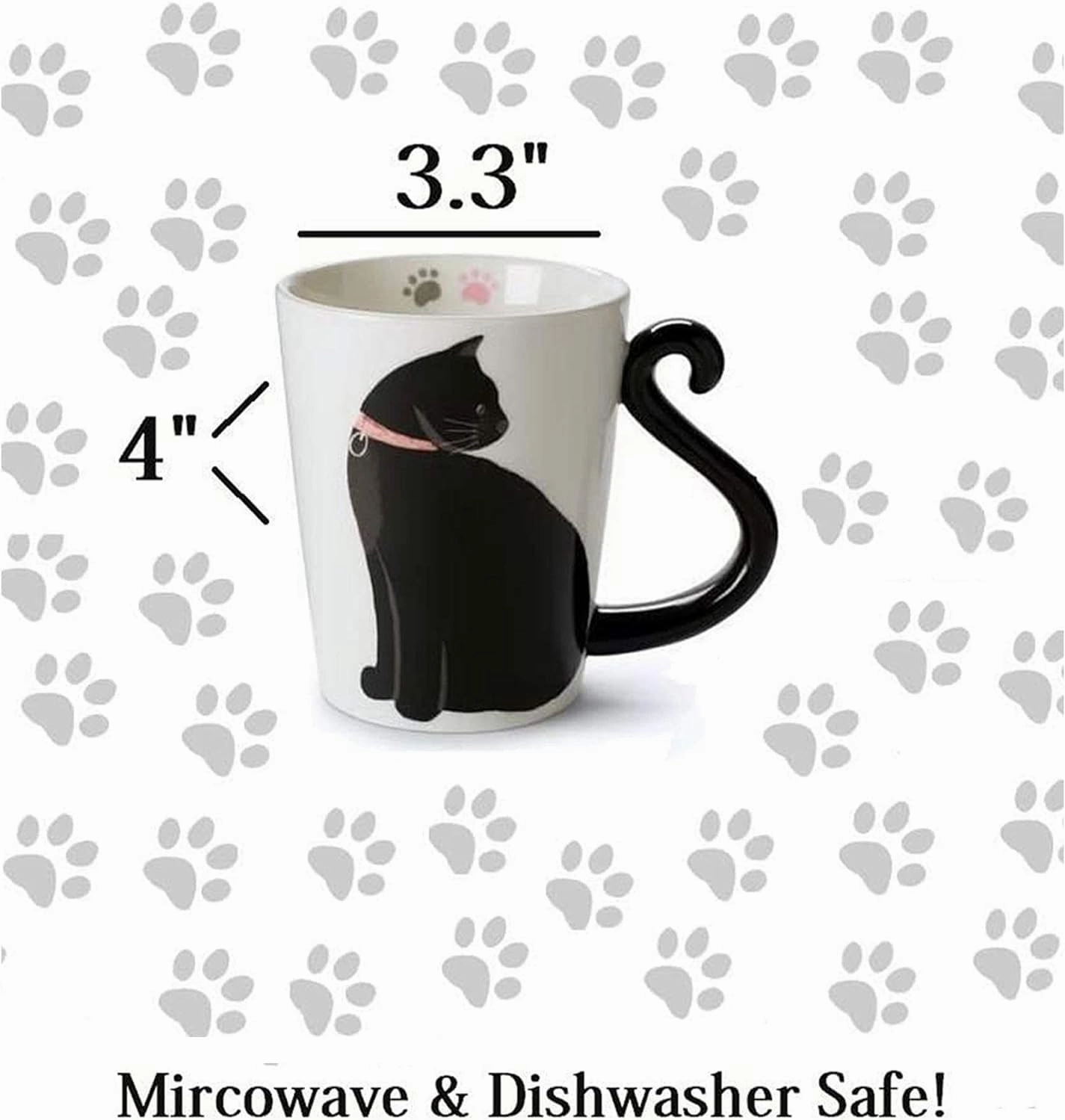VOTUM White Ceramic Tea Mug: Animal Shaped with Hand Printed Designs and Sayings - 12 Fluid Ounce Large, Cute Handmade Cup (Cat Coffee Cup Ceramic) Black Cat Gifts