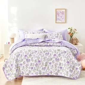 Wake In Cloud - Floral Quilt Set, Coquette Cottagecore Shabby Chic Flower for Women Teen Girls, Reversible Lightweight Bedspread Coverlet, 3 Pieces, Purple White, Queen/Full Size