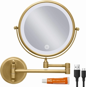 Wall Mounted Lighted 8 Inches Rechargeable Double-Sided 1X/10X Magnifying Mirror for Makeup, 3 Colors Led, Touch Dimmable, Memory Function, 360 Rotation, Foldable, Brushed Antique Brass Finish