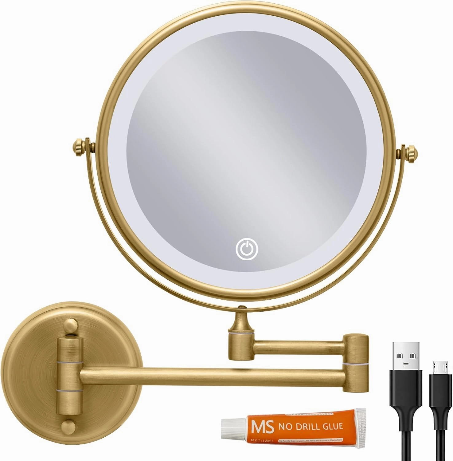Wall Mounted Lighted 8 Inches Rechargeable Double-Sided 1X/10X Magnifying Mirror for Makeup, 3 Colors Led, Touch Dimmable, Memory Function, 360 Rotation, Foldable, Brushed Antique Brass Finish