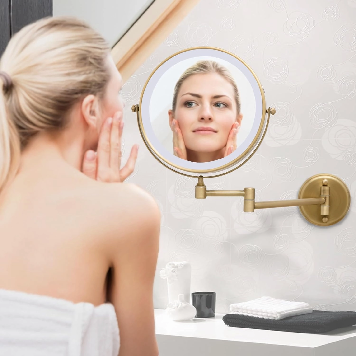 Wall Mounted Lighted 8 Inches Rechargeable Double-Sided 1X/10X Magnifying Mirror for Makeup, 3 Colors Led, Touch Dimmable, Memory Function, 360 Rotation, Foldable, Brushed Antique Brass Finish
