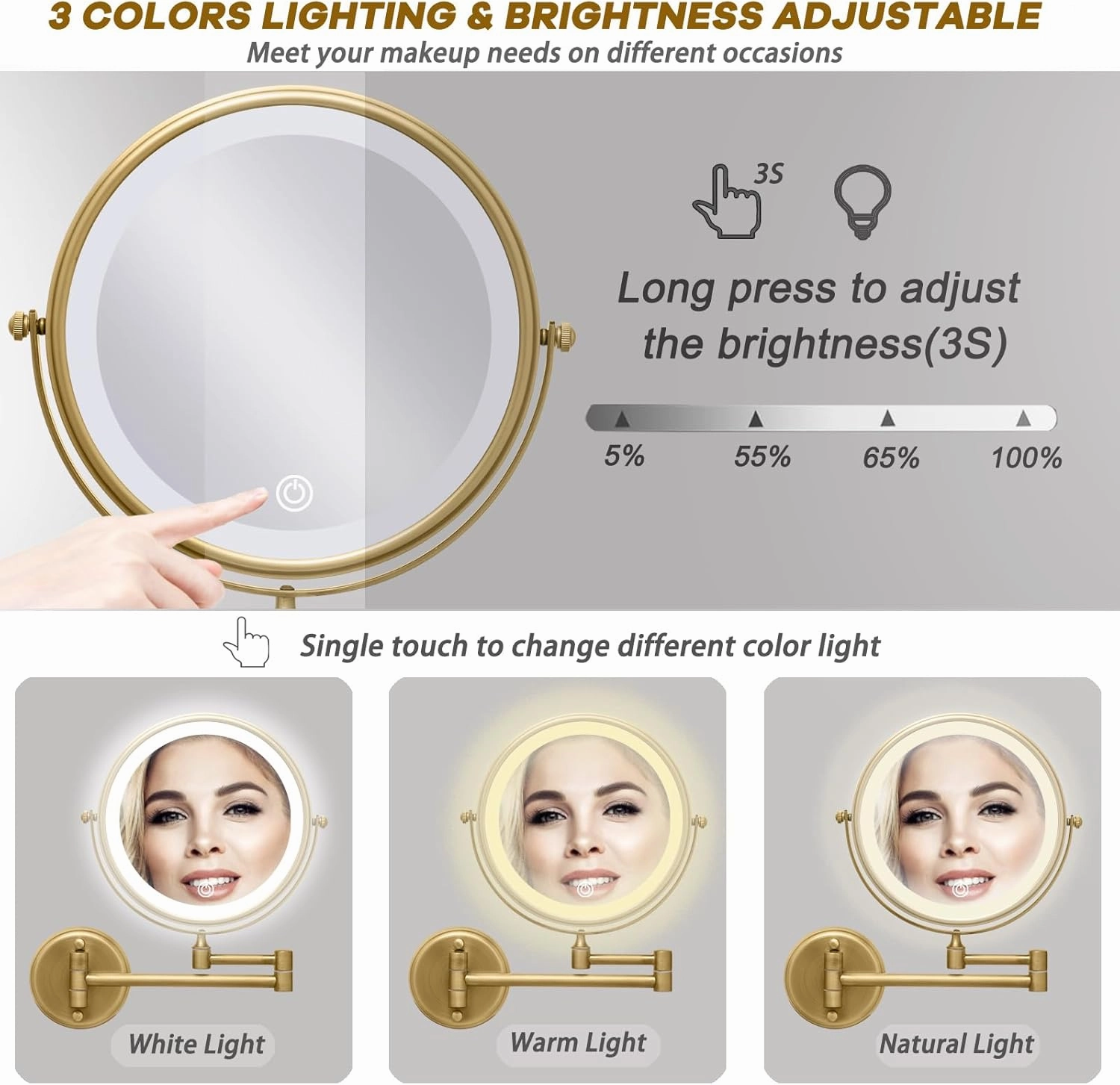Wall Mounted Lighted 8 Inches Rechargeable Double-Sided 1X/10X Magnifying Mirror for Makeup, 3 Colors Led, Touch Dimmable, Memory Function, 360 Rotation, Foldable, Brushed Antique Brass Finish
