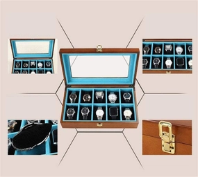 Watch Display Box Jewelry Watch Storage Box 10 Compartments with Glass Lid