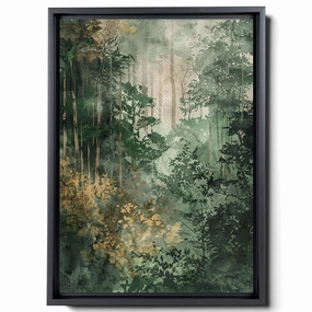 Watercolor Drawing Of Forest, In The Style Of Dark Emerald And Light Brown Art Techniques, Warm Color Palettes, Spectacular Backdrops, Light Green And Dark Gray, Canvas