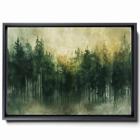 Watercolor Drawing Of Forest, In The Style Of Dark Emerald And Light Brown Art Techniques, Warm Color Palettes, Spectacular Backdrops, Light Green And Dark Gray, Canvas