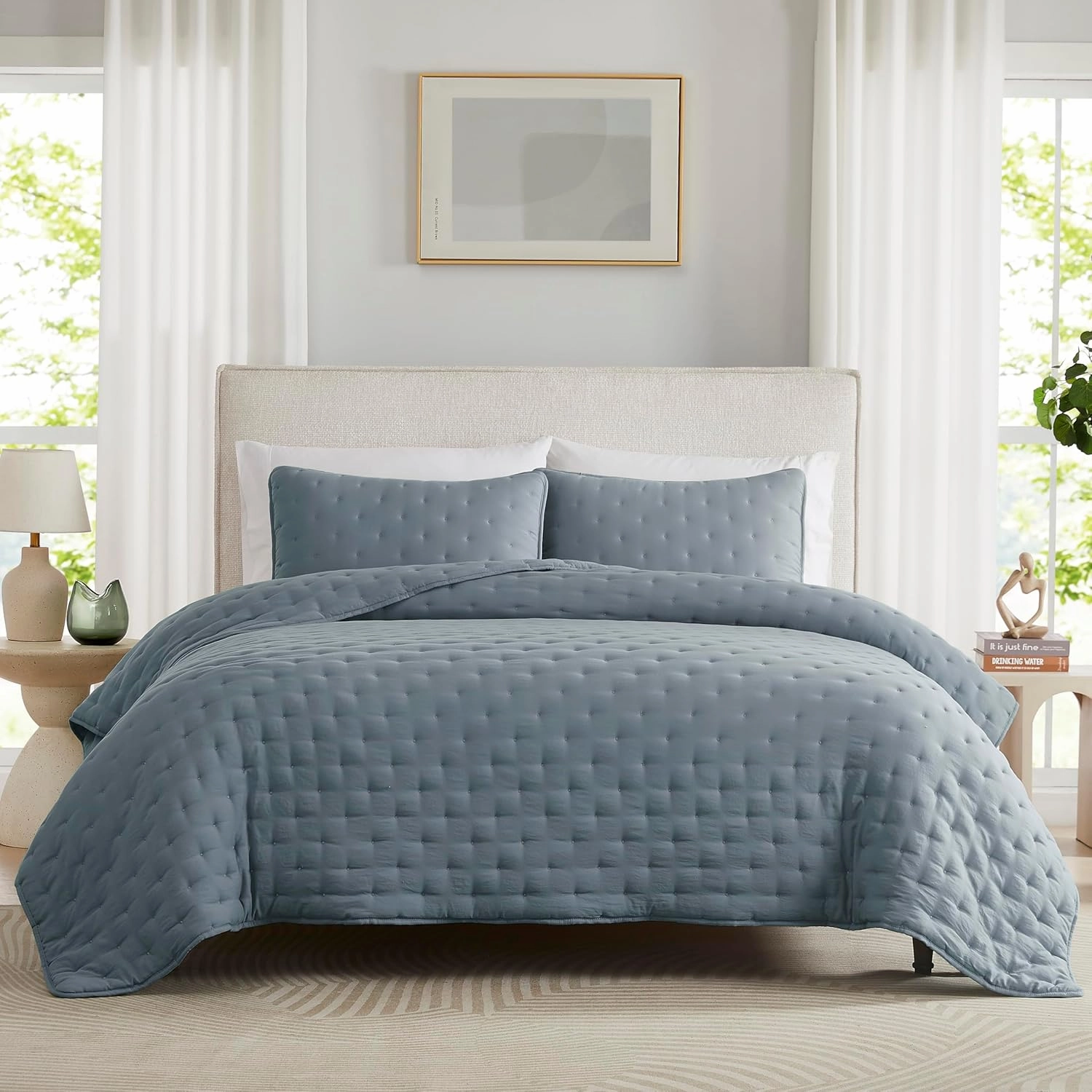 WDCOZY Blue Cloud Quilt King Size Bedding Set with Pillow Sham, Puffy Cozy Lightweight Bedspread Coverlet, Soft Cute Bed Cover for All Season - 3 Pieces, 104x90 inches