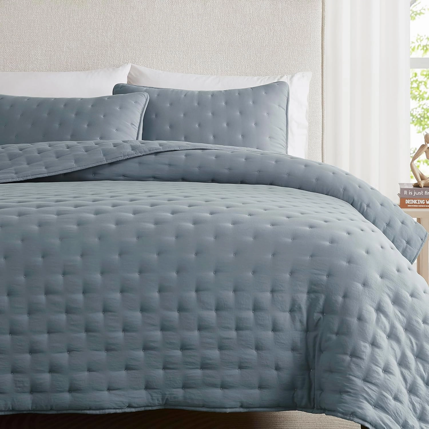 WDCOZY Blue Cloud Quilt King Size Bedding Set with Pillow Sham, Puffy Cozy Lightweight Bedspread Coverlet, Soft Cute Bed Cover for All Season - 3 Pieces, 104x90 inches
