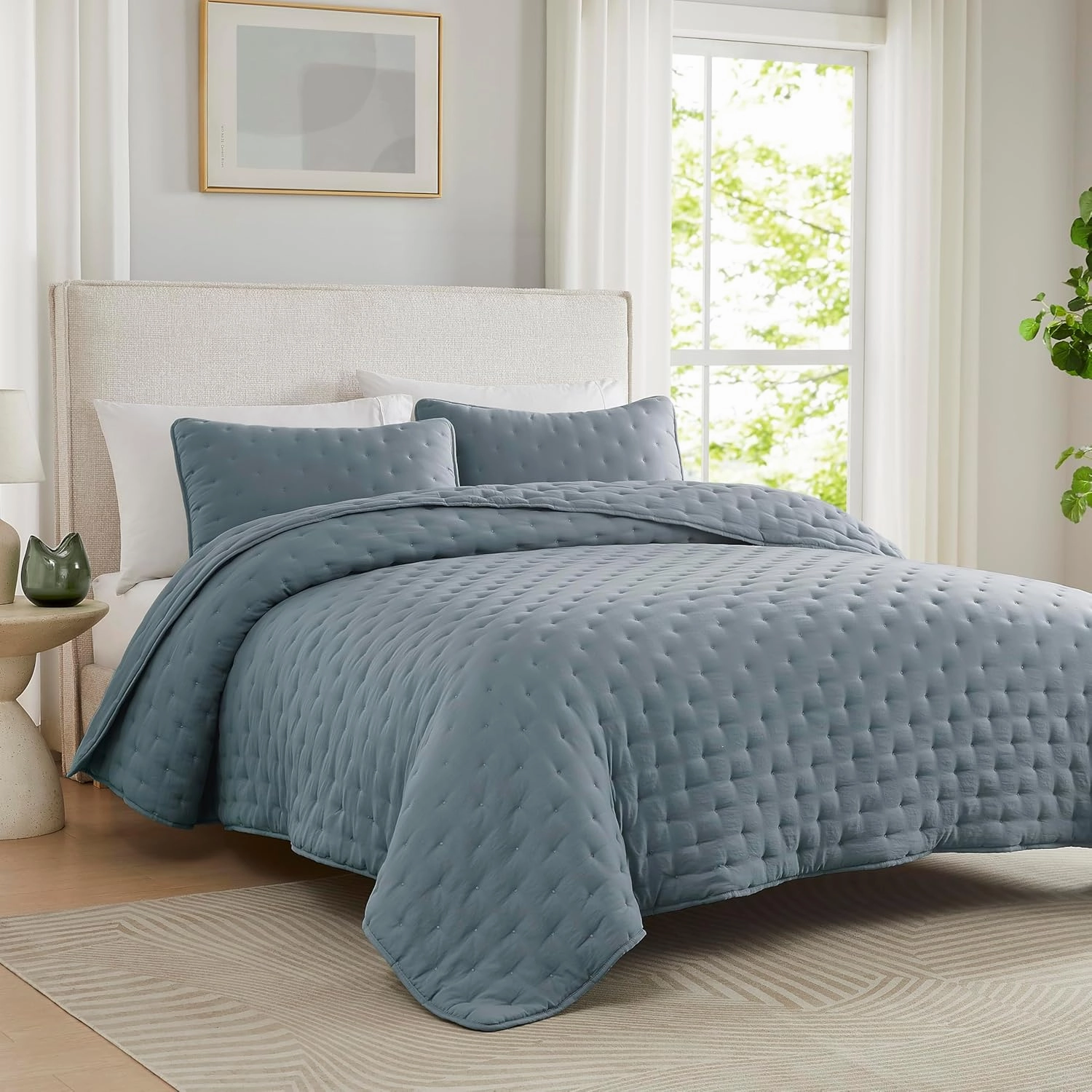 WDCOZY Blue Cloud Quilt King Size Bedding Set with Pillow Sham, Puffy Cozy Lightweight Bedspread Coverlet, Soft Cute Bed Cover for All Season - 3 Pieces, 104x90 inches