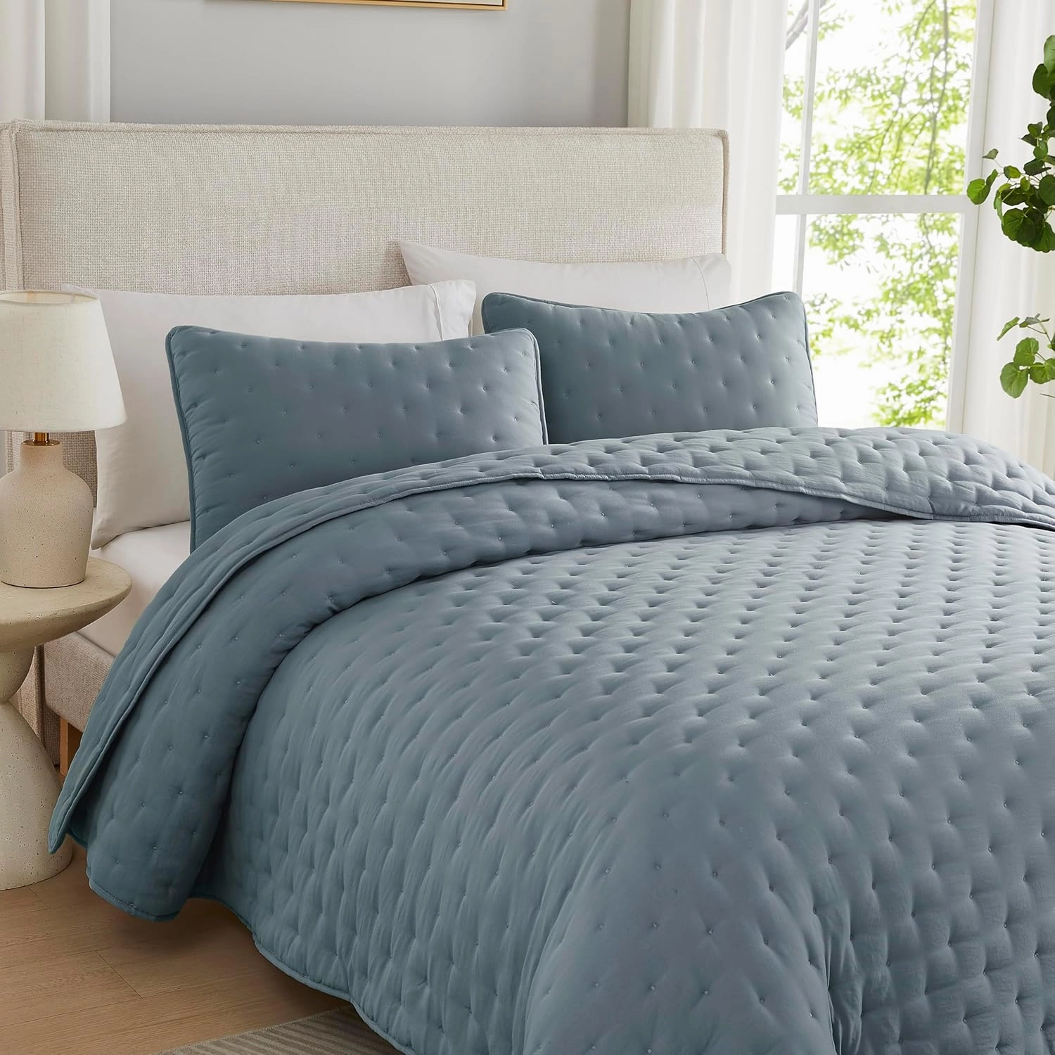 WDCOZY Blue Cloud Quilt King Size Bedding Set with Pillow Sham, Puffy Cozy Lightweight Bedspread Coverlet, Soft Cute Bed Cover for All Season - 3 Pieces, 104x90 inches