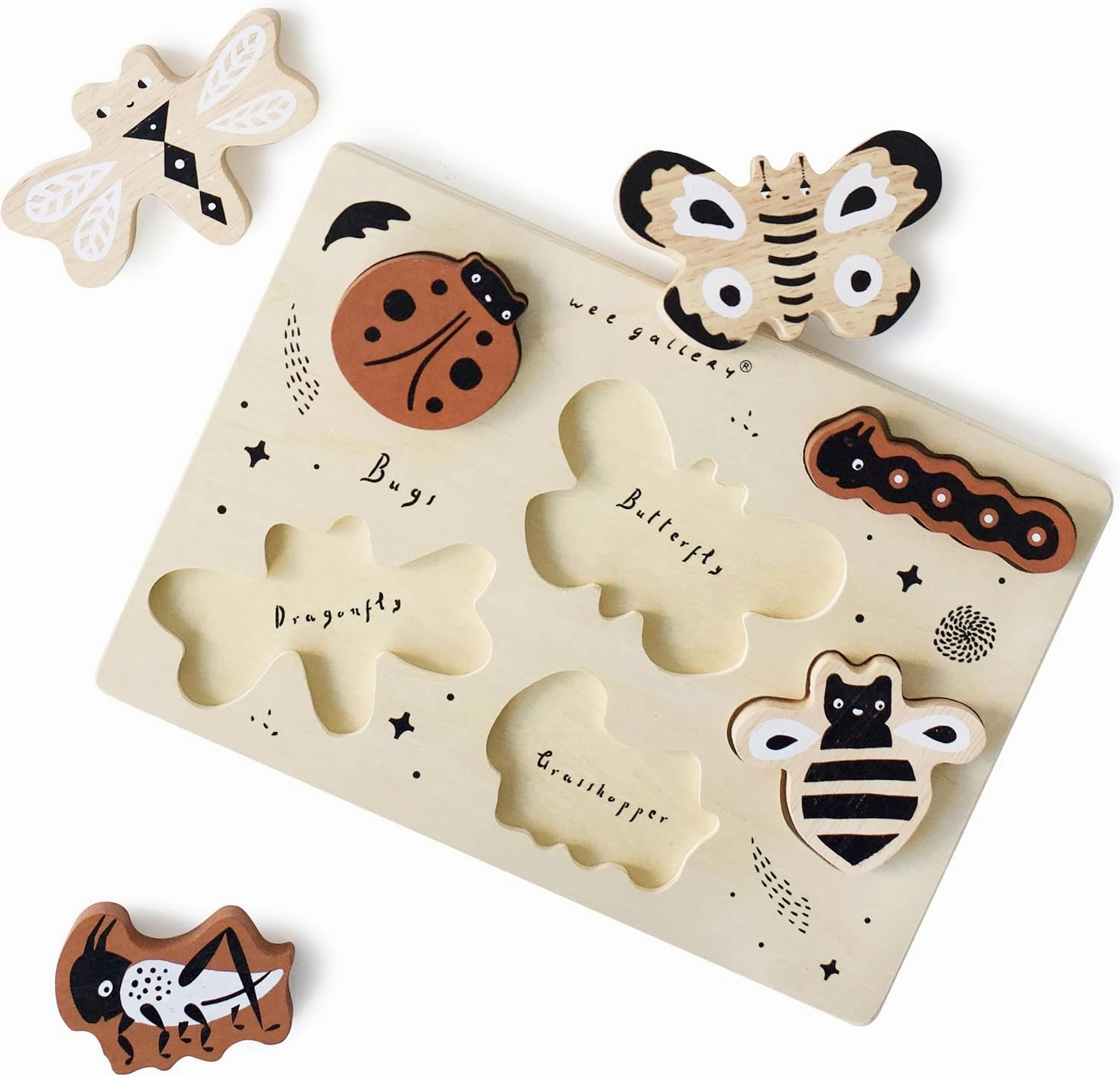 Wee Gallery Wooden Tray Puzzle Bugs, Montessori Toy for Toddlers and Preschoolers for Early Learning and Fine Motor Skill Development, Sustainable Educational Puzzle for Kids