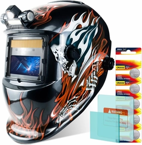 Welding Helmet Auto Darkening Welding Hood Solar Powered True Color Welding Mask 2 Arc Sensor Wide Shade 9-13 Flaming Skull Welder Helmet with Grinding Cut for MIG TIG ARC