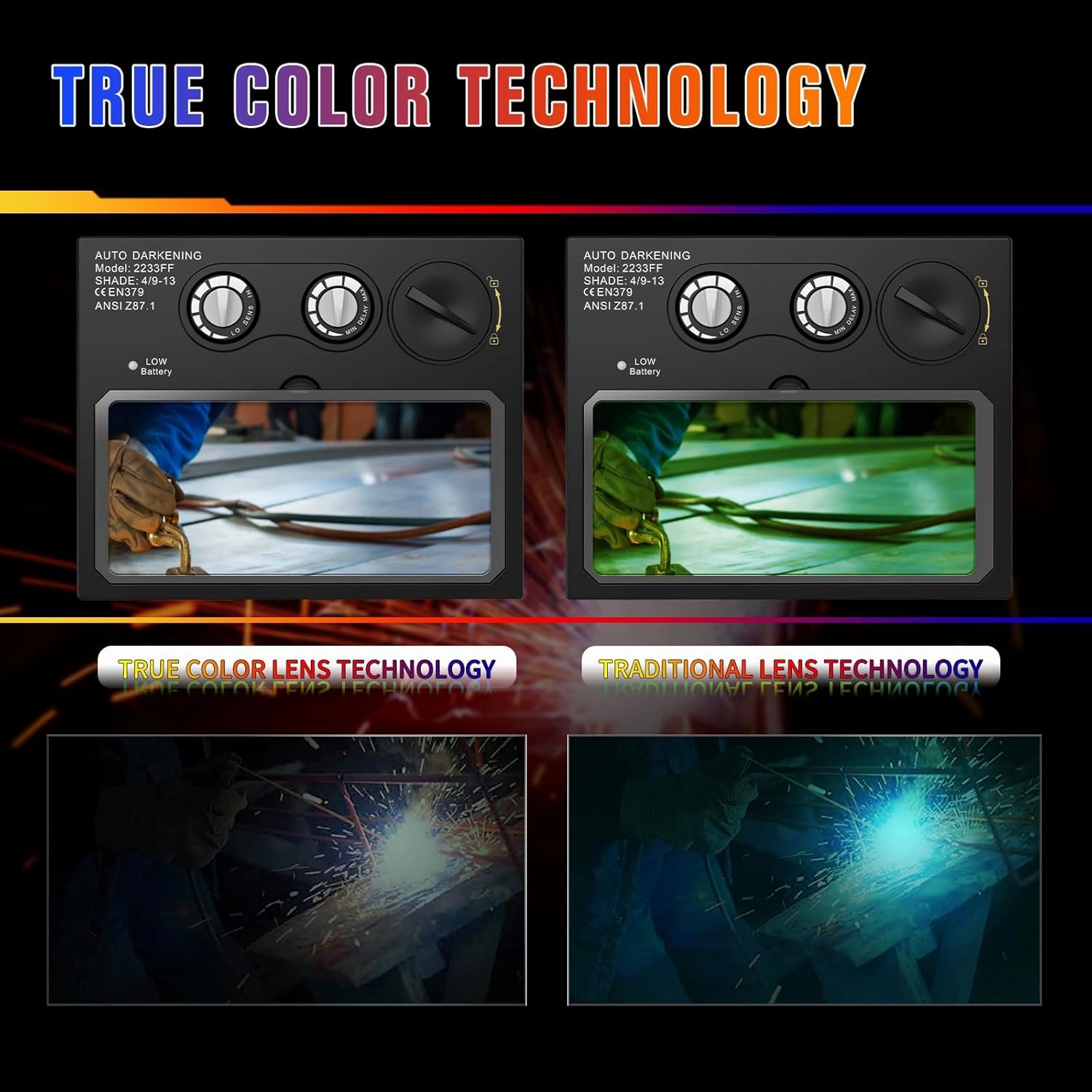 Welding Helmet Auto Darkening Welding Hood Solar Powered True Color Welding Mask 2 Arc Sensor Wide Shade 9-13 Flaming Skull Welder Helmet with Grinding Cut for MIG TIG ARC