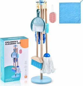 WHOHOLL Wooden Toddler Cleaning Set, Blue Toys Montessori Toys for 3  Years Old Boy, Housekeeping Play Set Includes Broom Mop Duster Dustpan Sponge and Organizing Stand, STEM Skill Developmental Gift