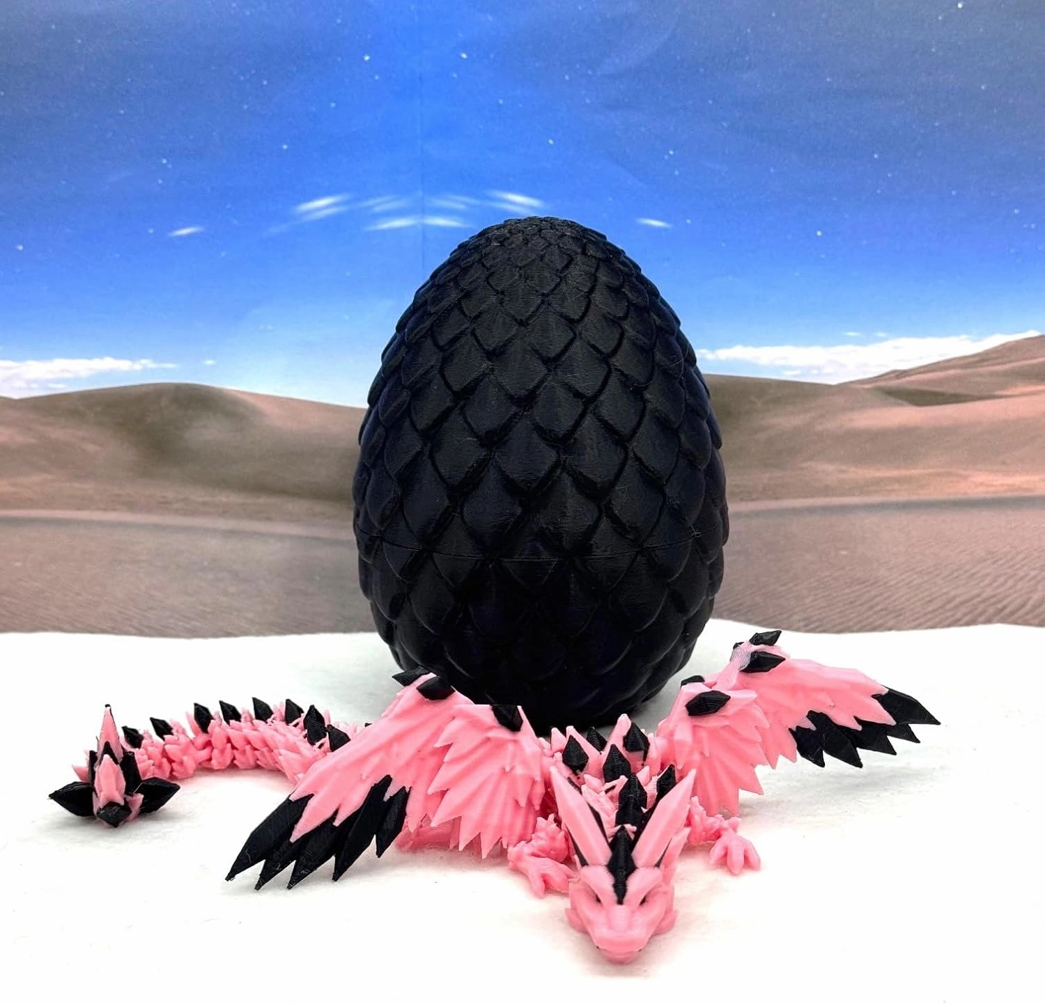 Winged Dragon with Egg, Articulated 3D Printed Pink & Black Crystal Gift, Fidget ADHD Autism Toy CW008-BE