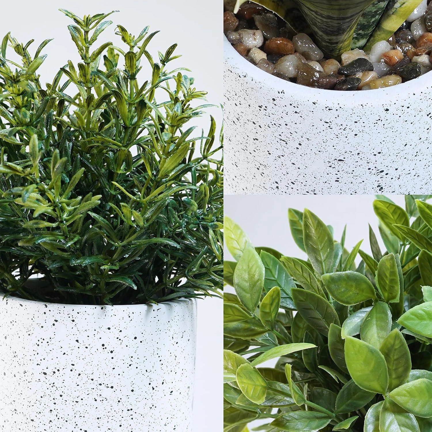 Winlyn 3 Pack Small Potted Artificial Plants Faux Rosemary Boxwood Snake Plants in White Cement Planters Decorative Plants 8.3"-9.3" Tall for Home Office Desk Bathroom Shelf Tabletop Greenery Décor