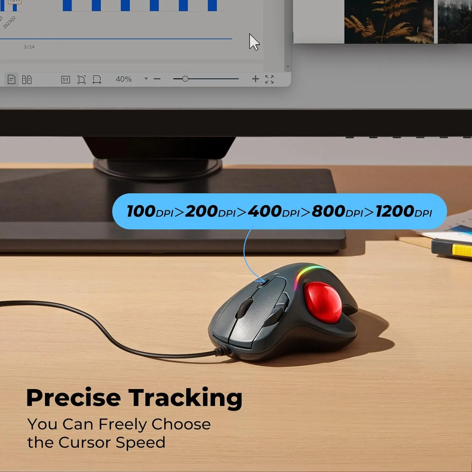 Wired Trackball Mouse, Ergonomic Comfort Design Reduces Muscle Strain, Easy Thumb Control, Precision Tracking with 5 DPI Options, Dual USB-C/USB-A Interface Compatible for PC, Laptop, Mac, Windows