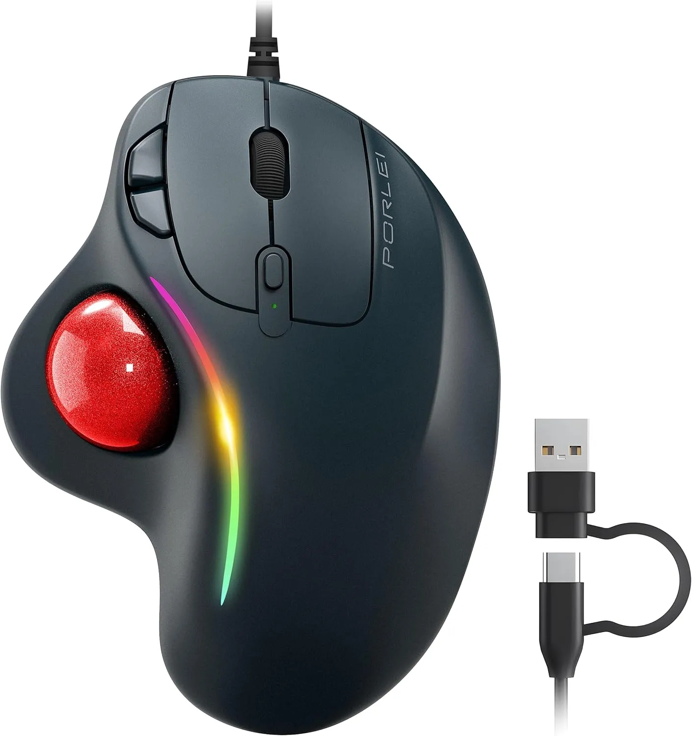 Wired Trackball Mouse, Ergonomic Comfort Design Reduces Muscle Strain, Easy Thumb Control, Precision Tracking with 5 DPI Options, Dual USB-C/USB-A Interface Compatible for PC, Laptop, Mac, Windows