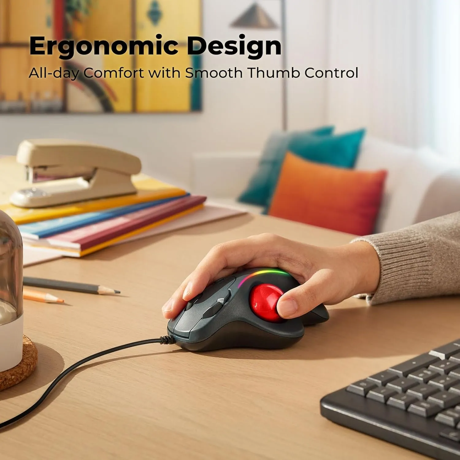 Wired Trackball Mouse, Ergonomic Comfort Design Reduces Muscle Strain, Easy Thumb Control, Precision Tracking with 5 DPI Options, Dual USB-C/USB-A Interface Compatible for PC, Laptop, Mac, Windows