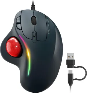 Wired Trackball Mouse, Ergonomic Comfort Design Reduces Muscle Strain, Easy Thumb Control, Precision Tracking with 5 DPI Options, Dual USB-C/USB-A Interface Compatible for PC, Laptop, Mac, Windows