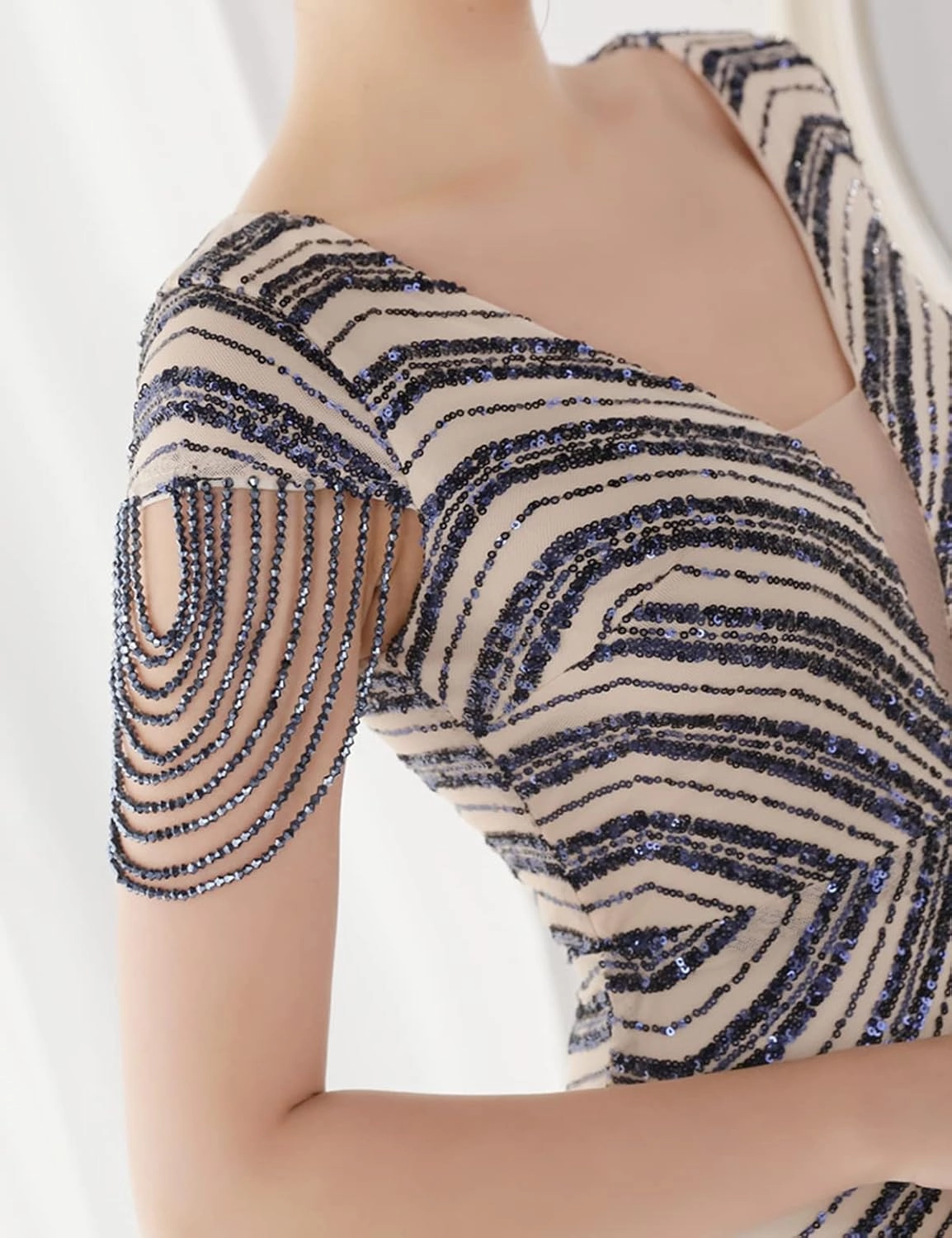 Women 1920s Plus Size Formal Dress Tassels Sleeve Sequins Gatsby Maxi Evening Gown