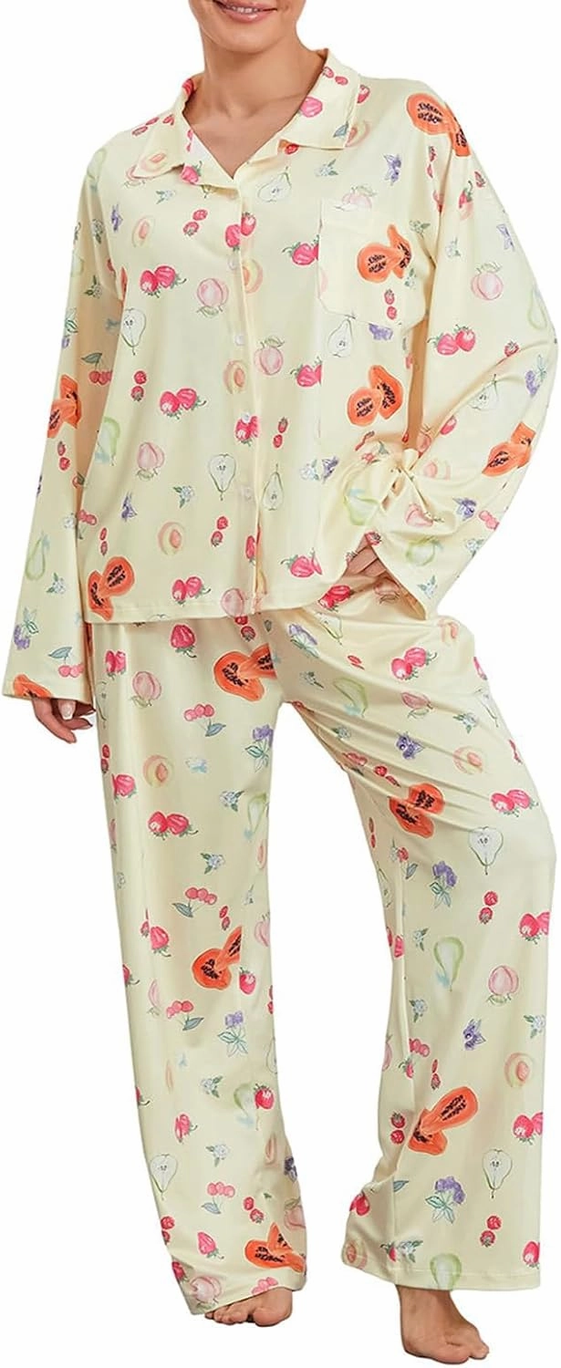 Women 2 Piece Floral Pajama Set Button Down Long Sleeve Wide Leg Fruit Set Cute Pjs Y2K Loungewear Sleepwear S-XL