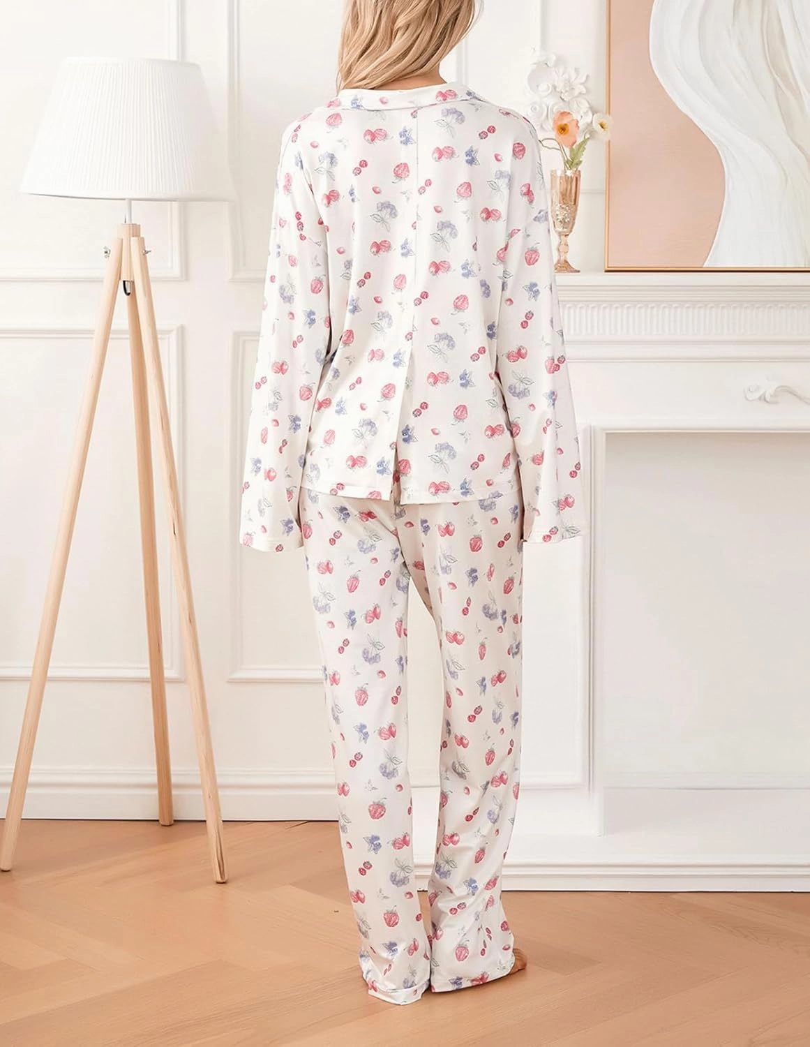 Women 2 Piece Floral Pajama Set Button Down Long Sleeve Wide Leg Fruit Set Cute Pjs Y2K Loungewear Sleepwear S-XL