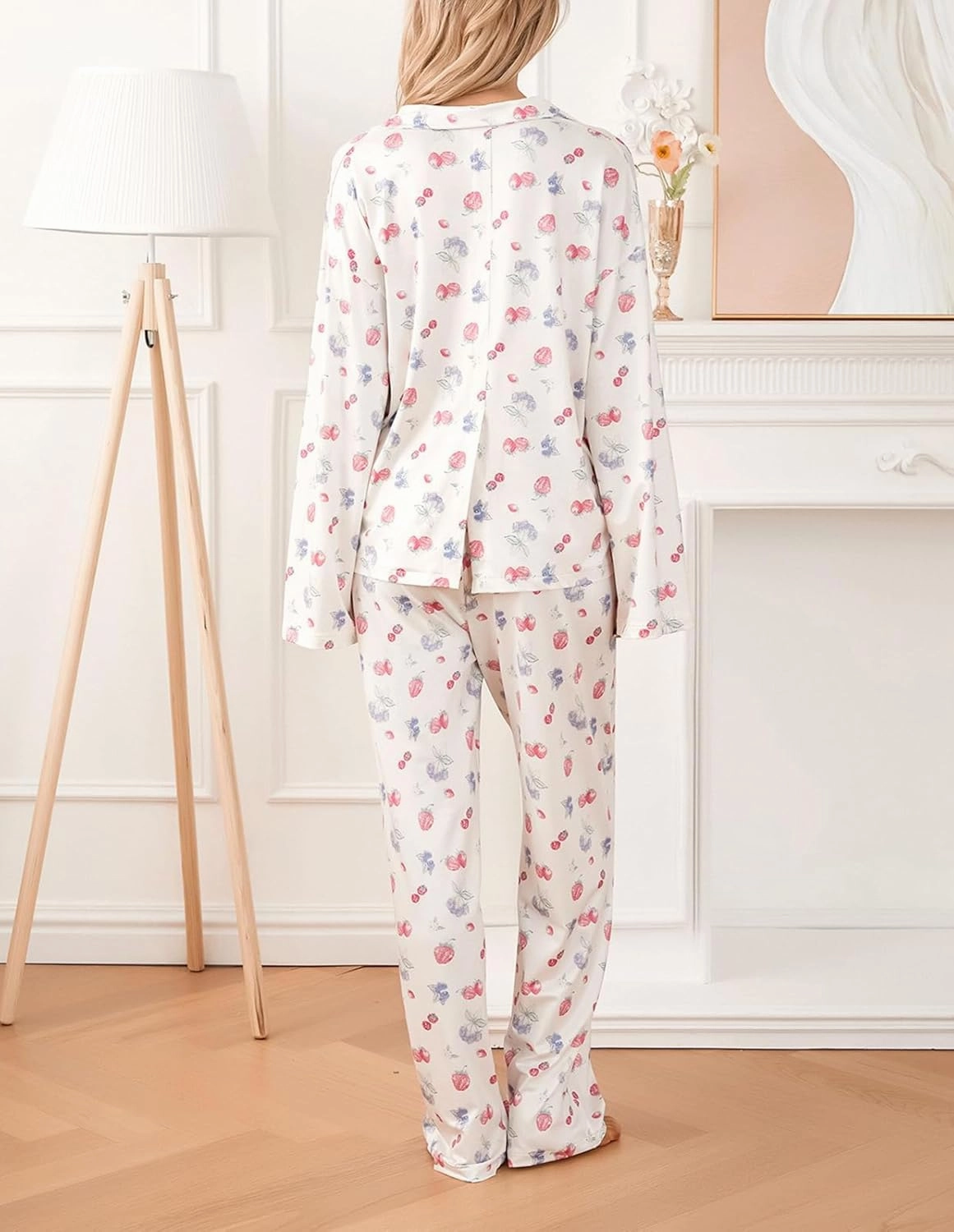 Women 2 Piece Floral Pajama Set Button Down Long Sleeve Wide Leg Fruit Set Cute Pjs Y2K Loungewear Sleepwear S-XL