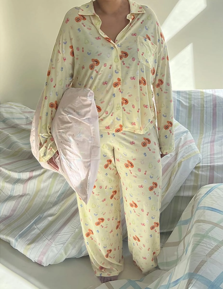 Women 2 Piece Floral Pajama Set Button Down Long Sleeve Wide Leg Fruit Set Cute Pjs Y2K Loungewear Sleepwear S-XL