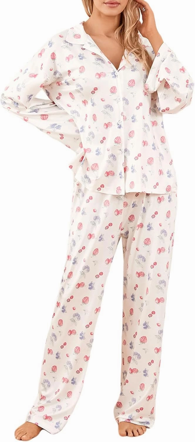 Women 2 Piece Floral Pajama Set Button Down Long Sleeve Wide Leg Fruit Set Cute Pjs Y2K Loungewear Sleepwear S-XL