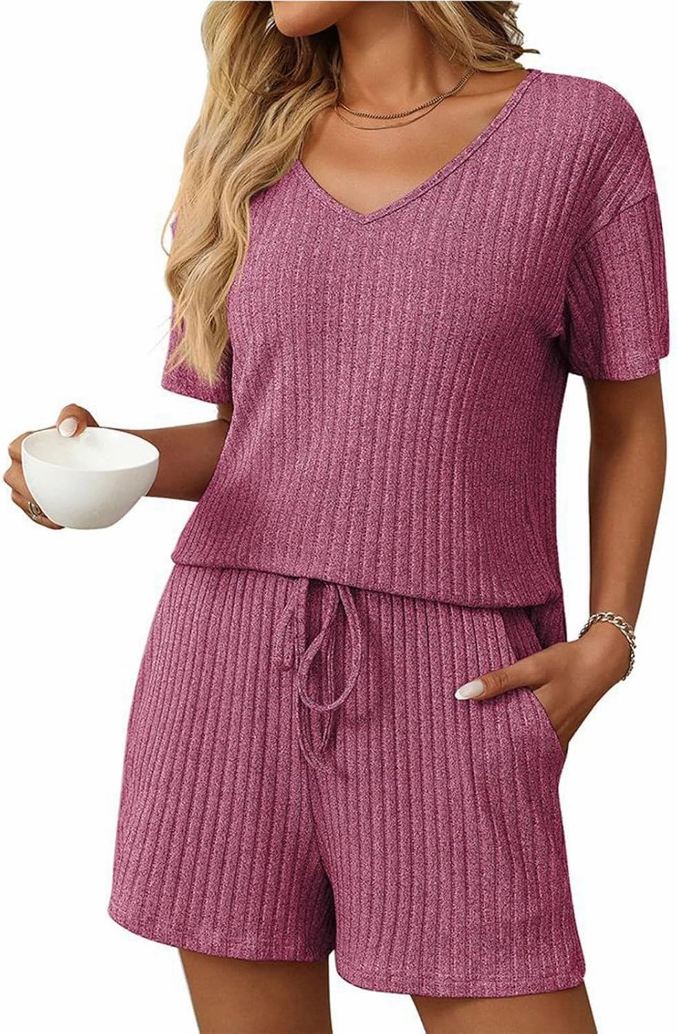 Women's 2 Piece Lounge Sets Tops and Shorts 2 Piece Sweatsuit with Pocket Summer Matching Outfits Casual Travel Vacation