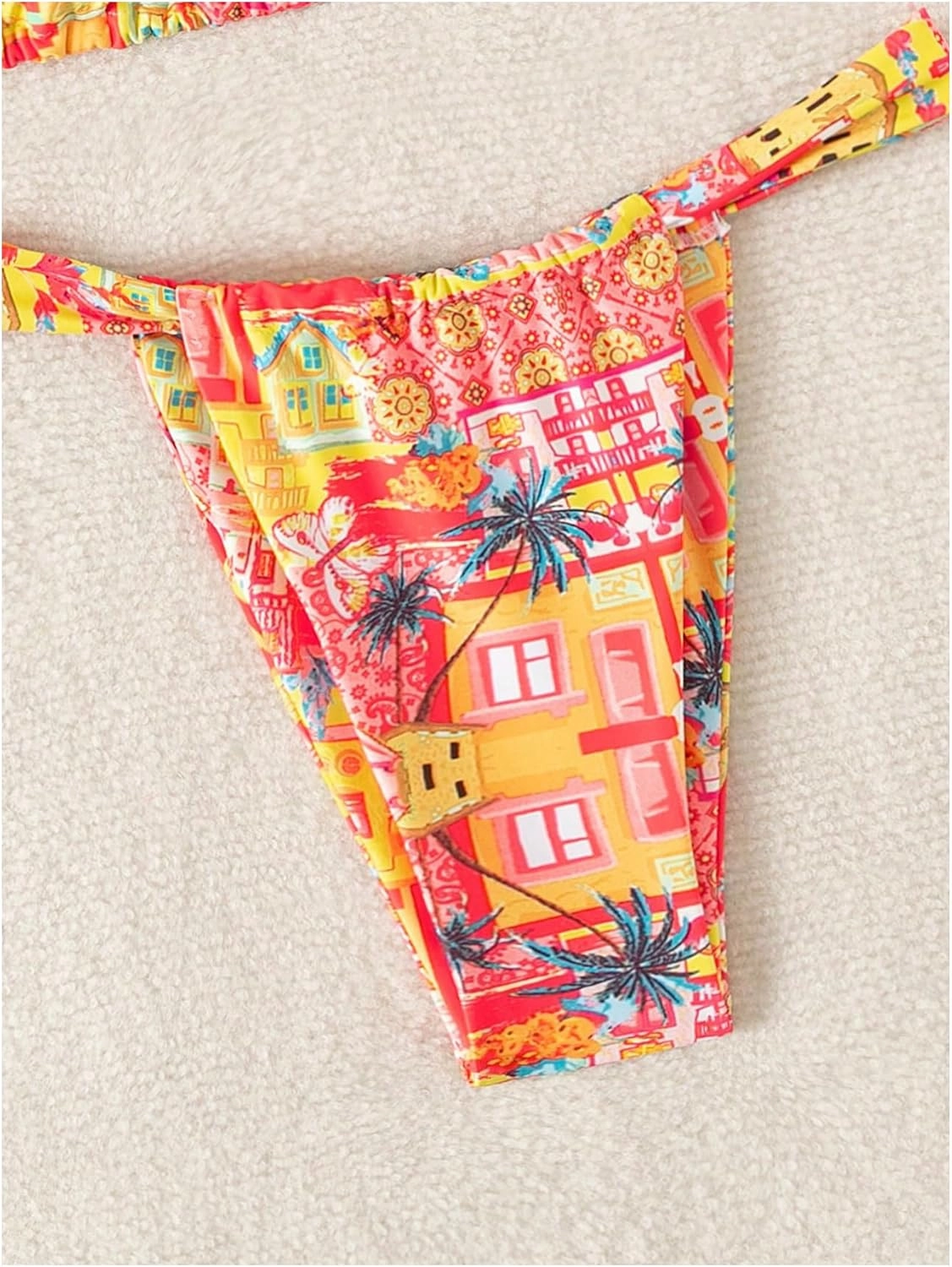 Women's High Waisted Bikini Set Floral Print Spaghetti Strap Smocked Wireless Bathing Suit Swimsuit 2 Piece Set