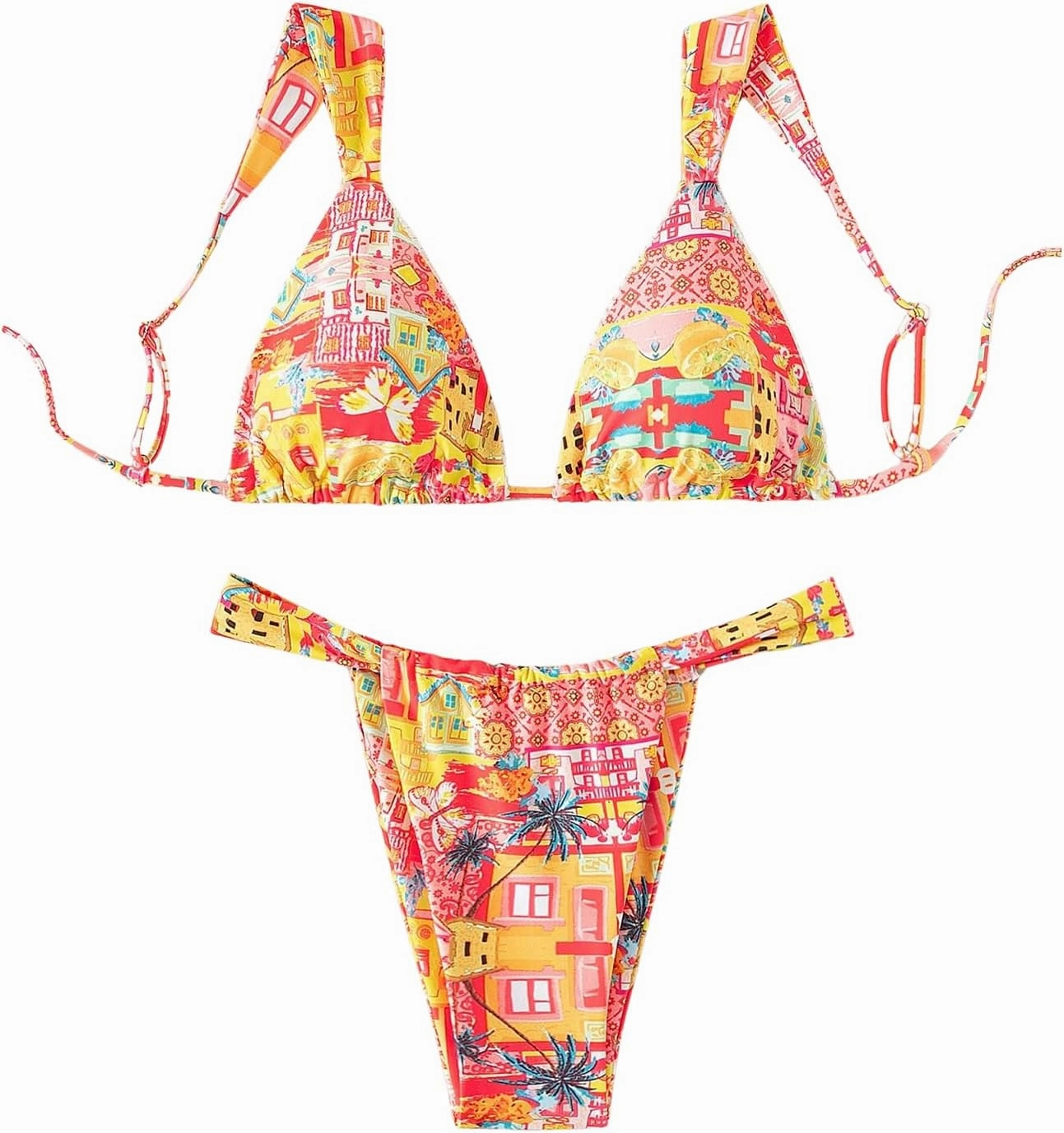 Women's High Waisted Bikini Set Floral Print Spaghetti Strap Smocked Wireless Bathing Suit Swimsuit 2 Piece Set