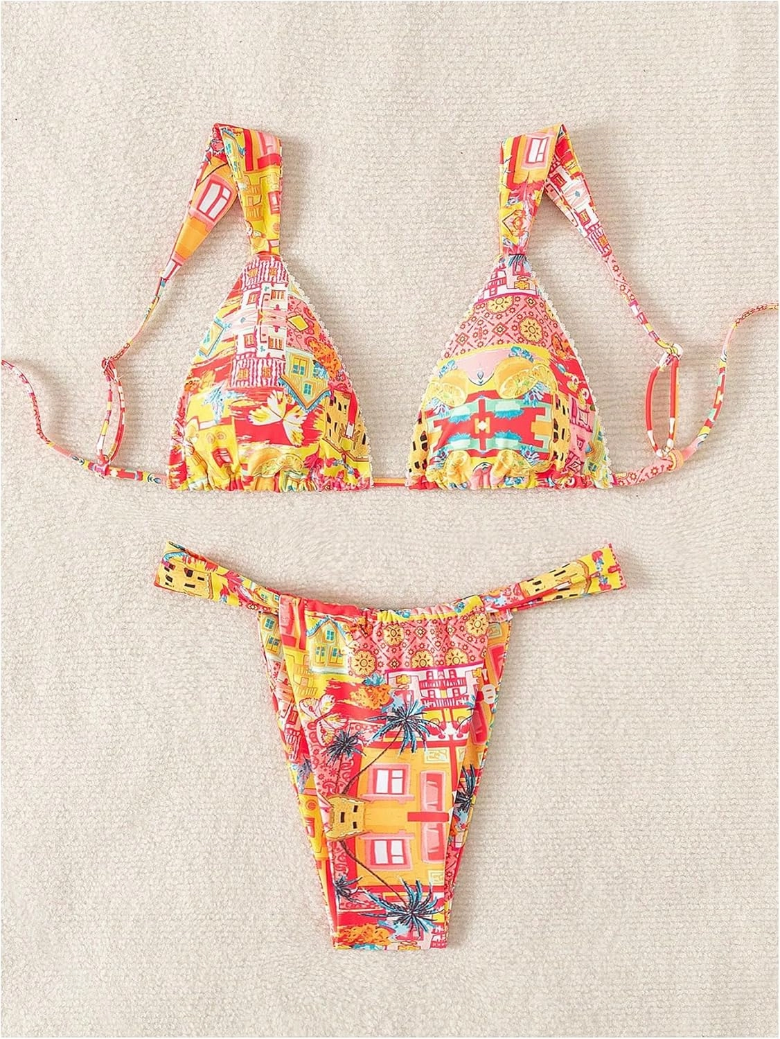 Women's High Waisted Bikini Set Floral Print Spaghetti Strap Smocked Wireless Bathing Suit Swimsuit 2 Piece Set