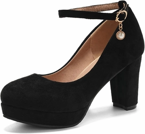 Women's Platform Dress Chunky High Heels Classic Closed Round Toe Pearls Ankle Strap Pumps Office Work Wedding Party Shoes-Plus Size-14 Yards