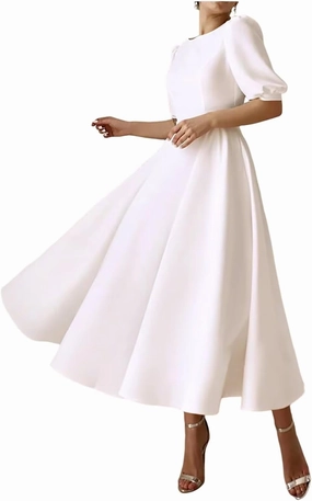 Women's Tea Length Wedding Dresses for Bride Satin Simple A Line Midi Formal Bridal Dress with Sleeves