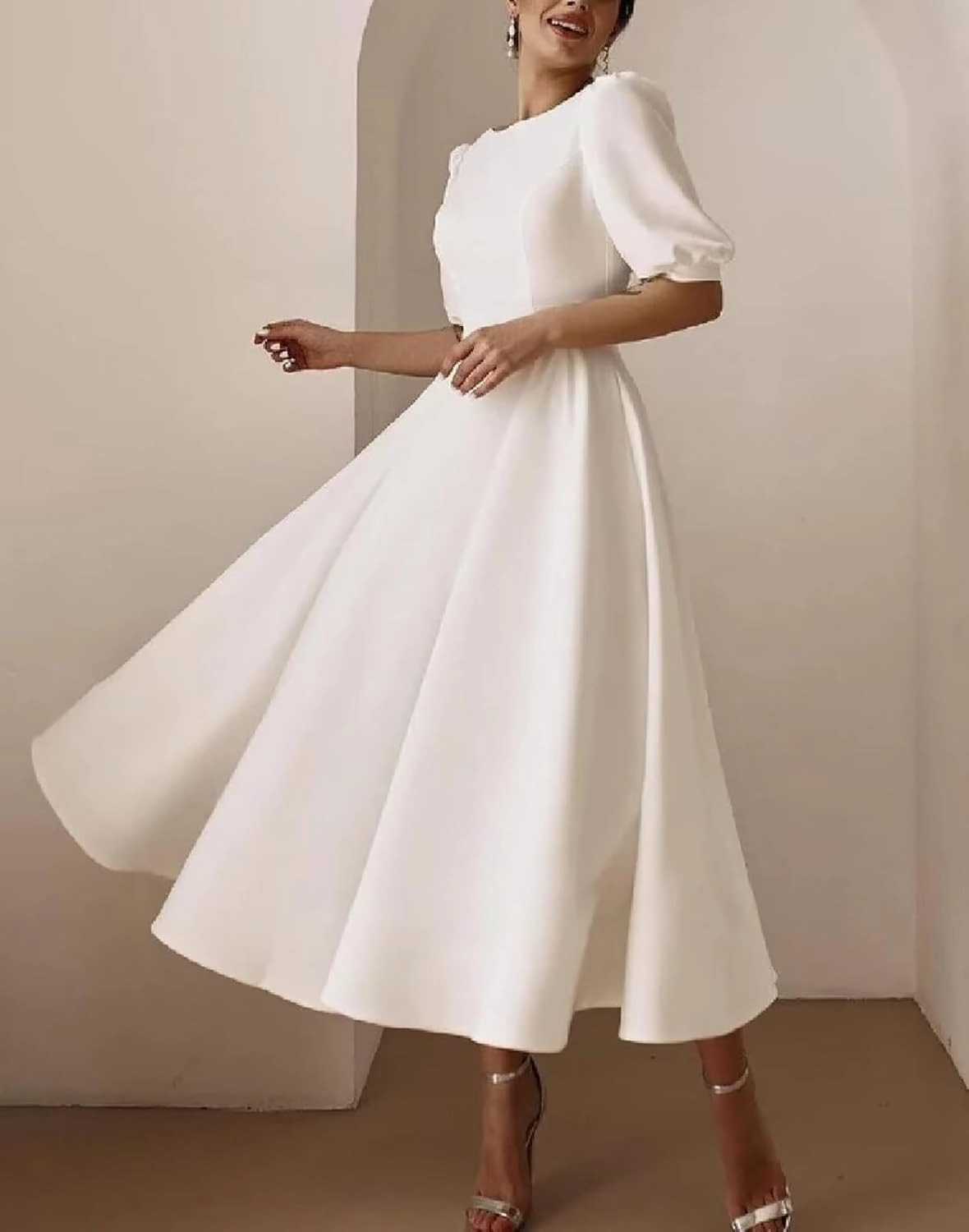 Women's Tea Length Wedding Dresses for Bride Satin Simple A Line Midi Formal Bridal Dress with Sleeves
