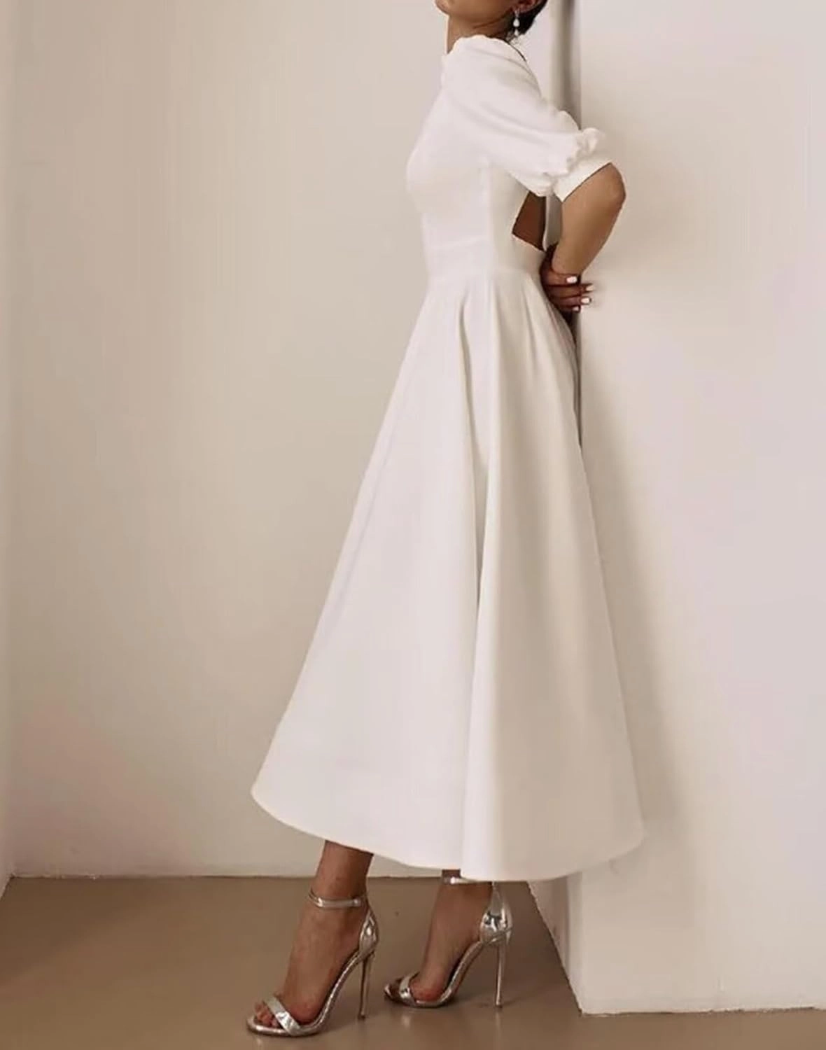 Women's Tea Length Wedding Dresses for Bride Satin Simple A Line Midi Formal Bridal Dress with Sleeves