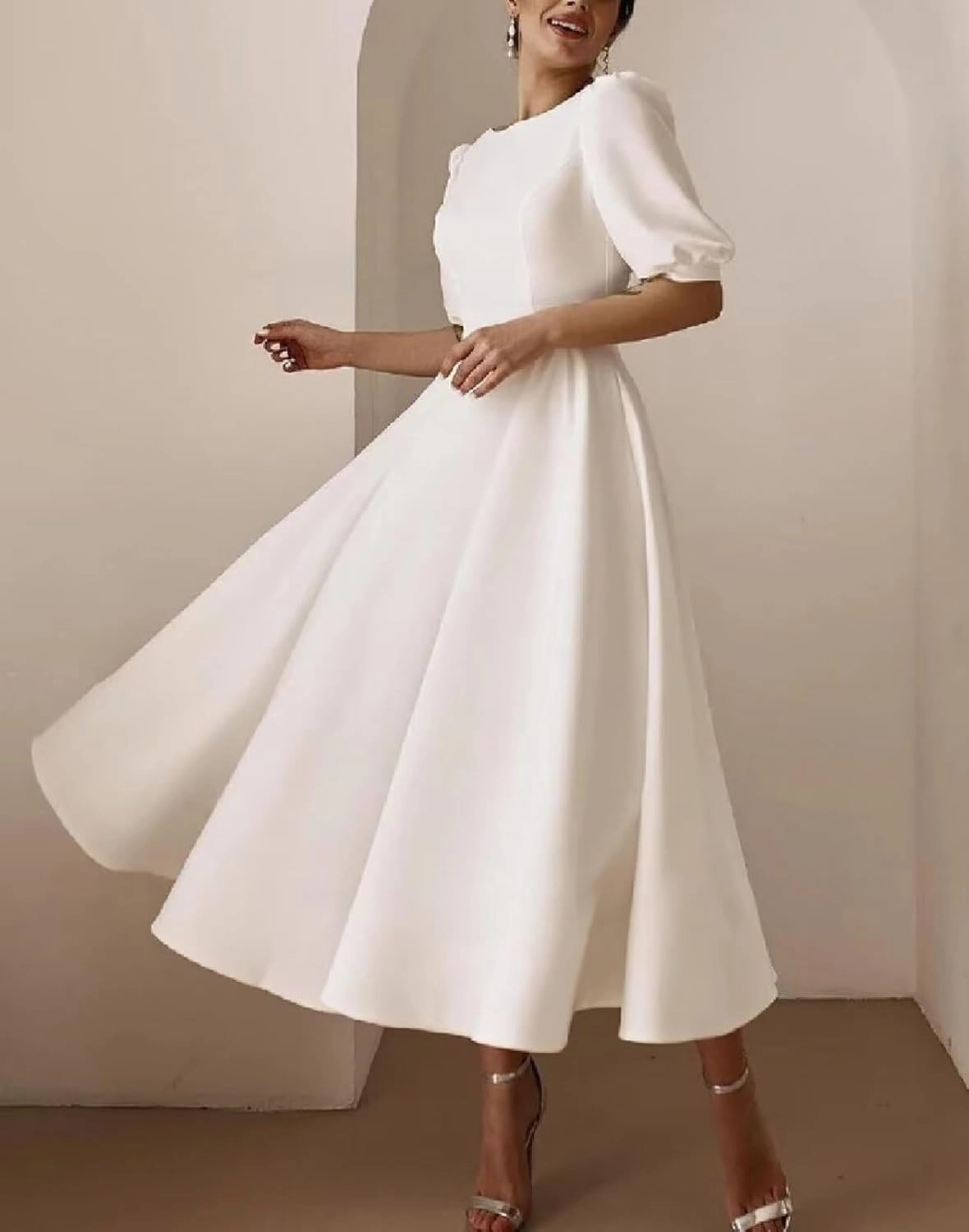 Women's Tea Length Wedding Dresses for Bride Satin Simple A Line Midi Formal Bridal Dress with Sleeves