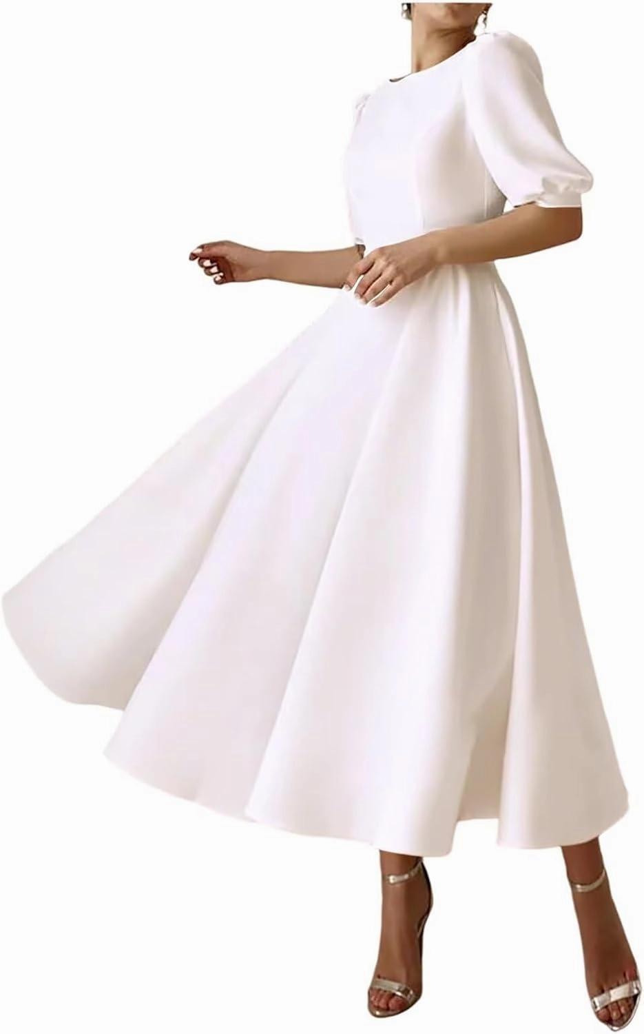 Women's Tea Length Wedding Dresses for Bride Satin Simple A Line Midi Formal Bridal Dress with Sleeves