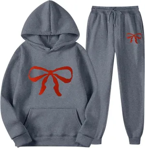 Women's 2 Piece Lounge Sets Oversized Bow Trim Print Hoodie Sweatsuit Sets Sweatshirt Wide Leg Sweatpants With Pockets