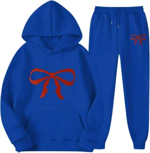 Women's 2 Piece Lounge Sets Oversized Bow Trim Print Hoodie Sweatsuit Sets Sweatshirt Wide Leg Sweatpants With Pockets