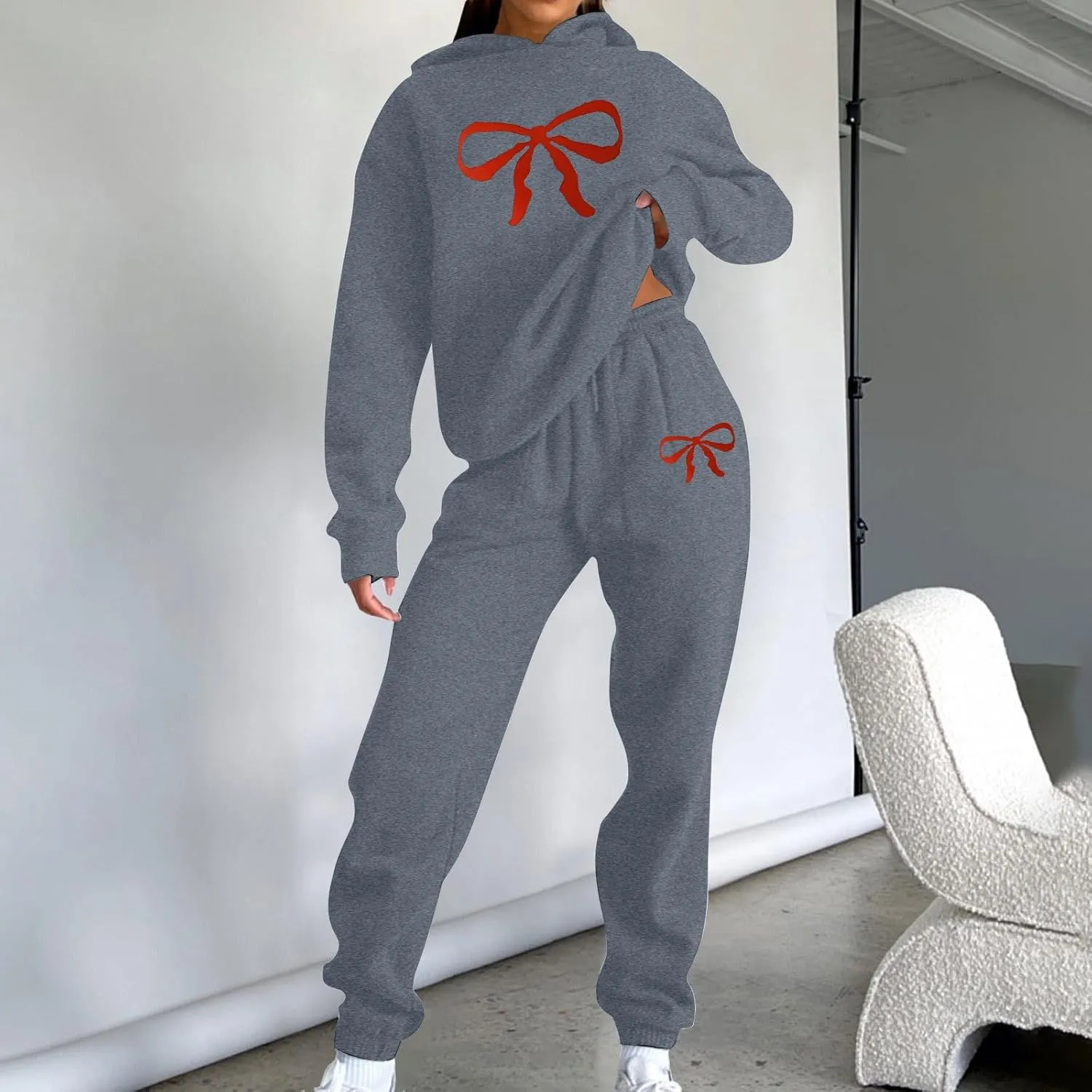 Women's 2 Piece Lounge Sets Oversized Bow Trim Print Hoodie Sweatsuit Sets Sweatshirt Wide Leg Sweatpants With Pockets