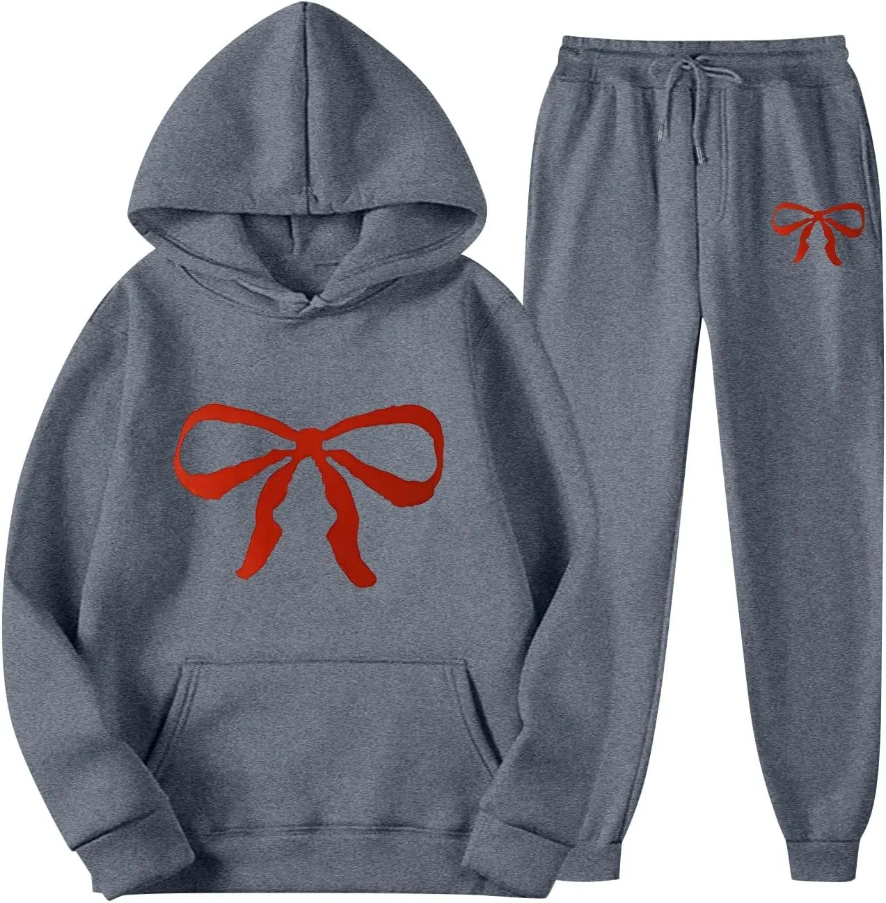 Women's 2 Piece Lounge Sets Oversized Bow Trim Print Hoodie Sweatsuit Sets Sweatshirt Wide Leg Sweatpants With Pockets