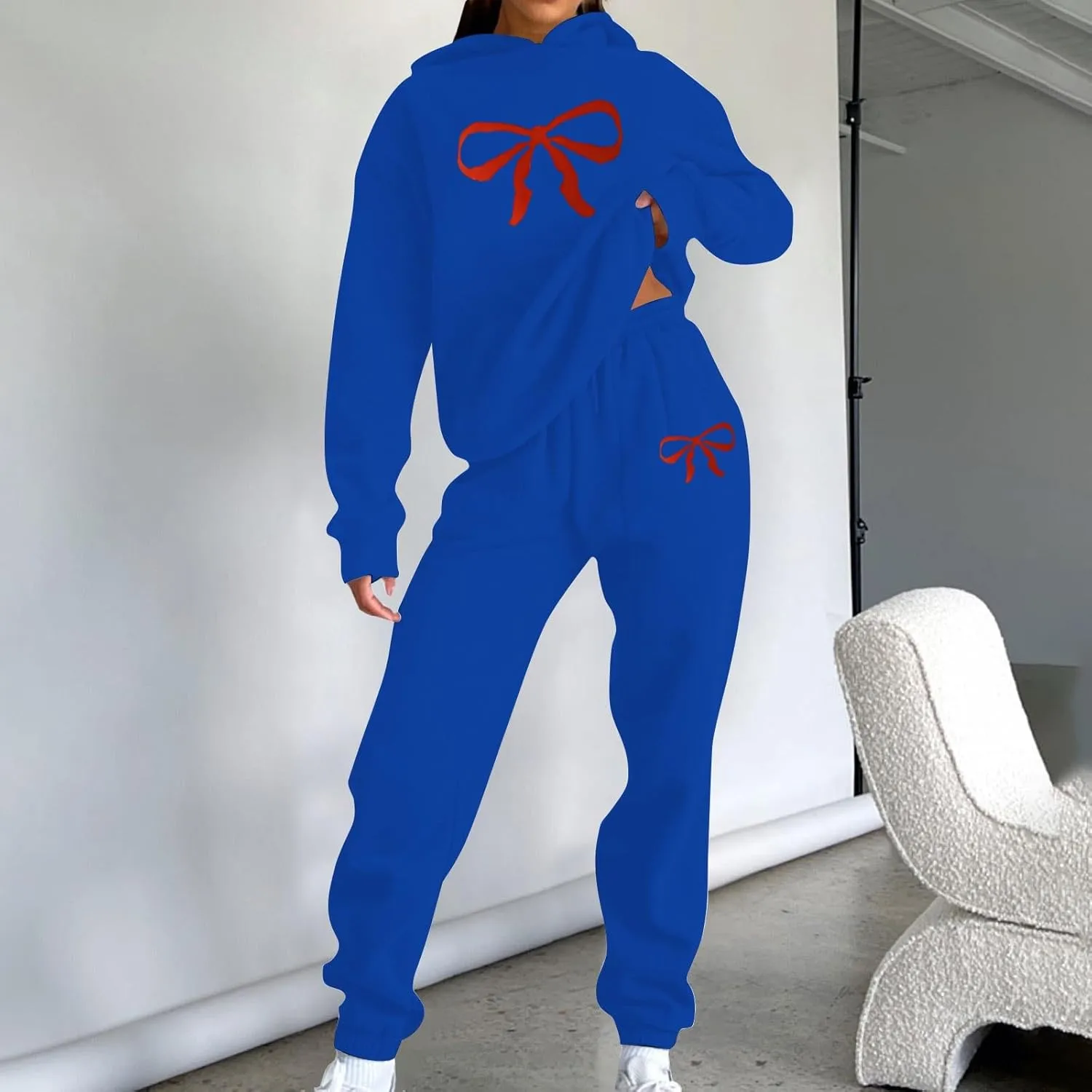 Women's 2 Piece Lounge Sets Oversized Bow Trim Print Hoodie Sweatsuit Sets Sweatshirt Wide Leg Sweatpants With Pockets