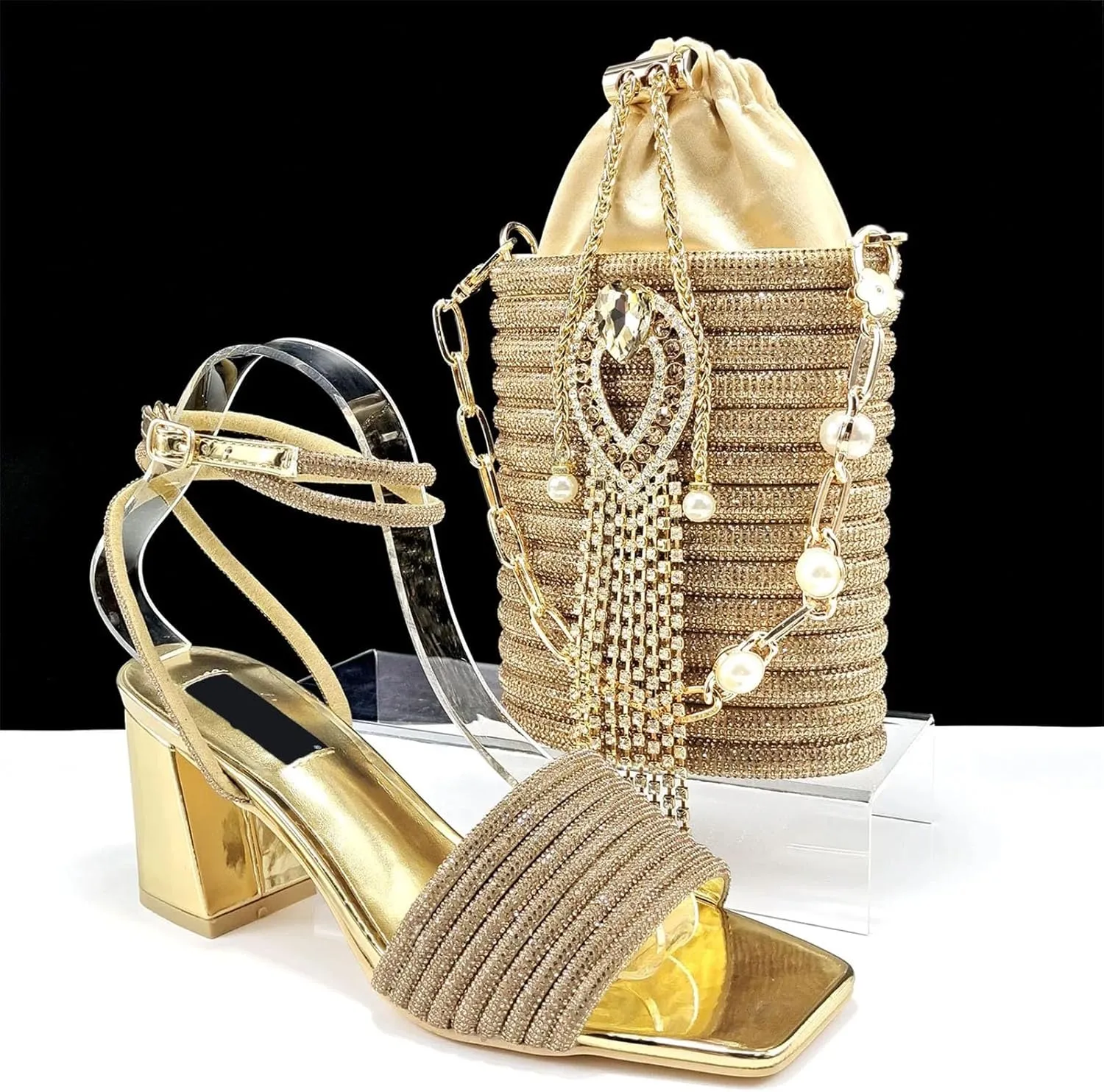 Women's Black-Gold Nigerian Set - Square-Toe Crystal Pumps & Hammered Metal Clutch for Luxury Parties