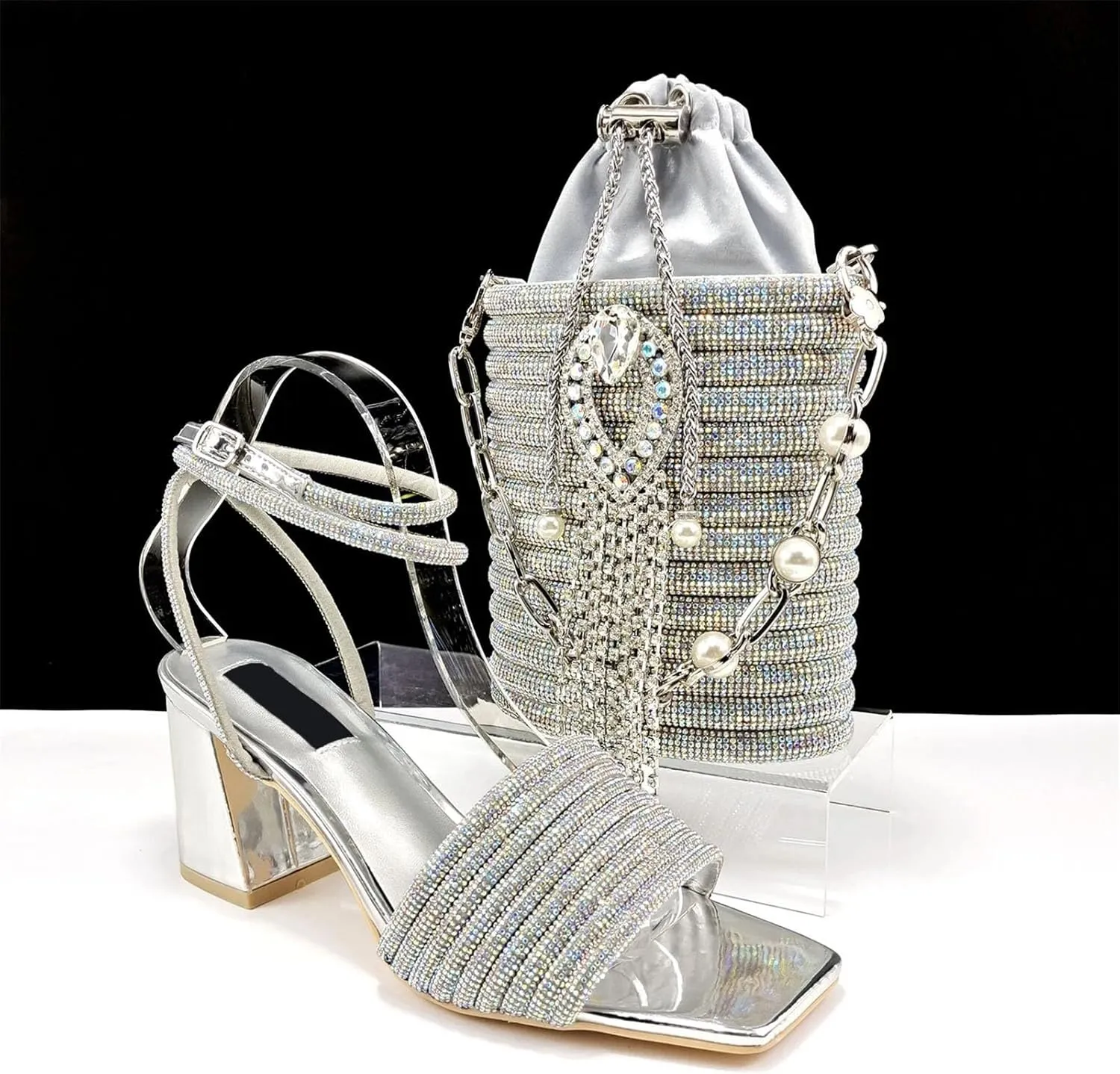 Women's Black-Gold Nigerian Set - Square-Toe Crystal Pumps & Hammered Metal Clutch for Luxury Parties
